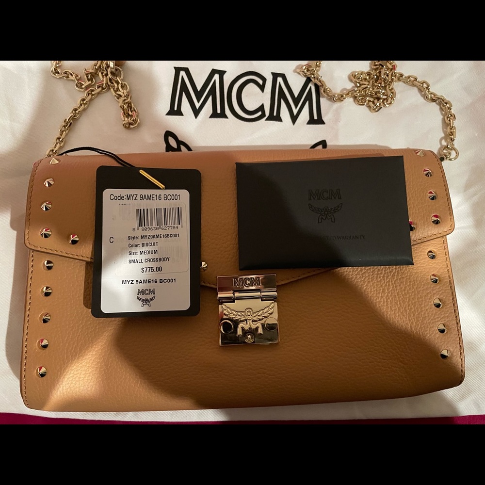 MCM Clutch Med Studded Millie Chain Timeless Biscuit Beige Leather Cross Body B
